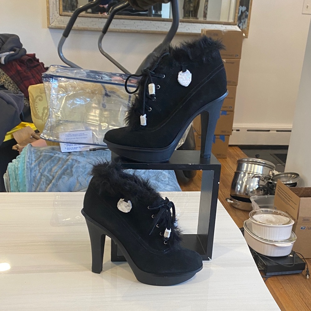 Michael Kors Black Fur-Trimmed Heeled Boots with fur trim.  NEVER Worn!!!!